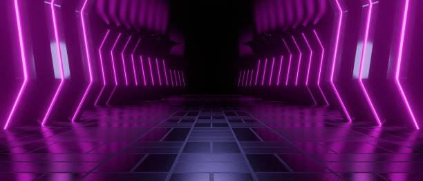 istock Imaginative Showroom Underground Catwalk Hangar Technology Background Tunnel Corridor Violet Technology Background Wallpaper 3D Illustration 1410776924