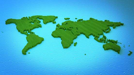 Map planet earth, continents, consisting of 3d elements. The technological background can be used to demonstrate the processes of science and education. 3d rendering