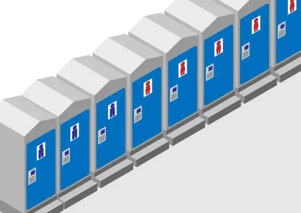 Vector illustration of Many isometric temporary toilets