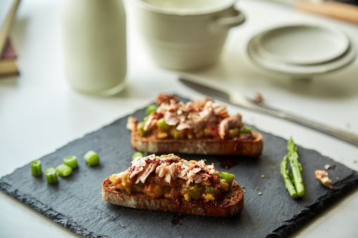 healthy breakfast toast, with tuna and asparagus