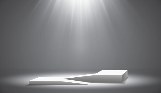 The ramp of the podium, pedestal or platform is illuminated by spotlights on a gray background. Scene with picturesque lights. Vector illustration.