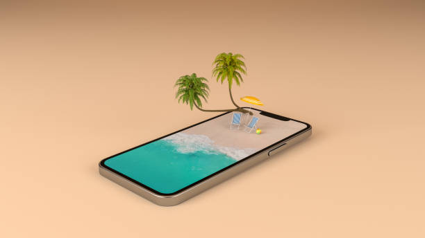 istock Summer vacation beach holiday travel destination on mobile phone screen, 3d rendering 1410778166
