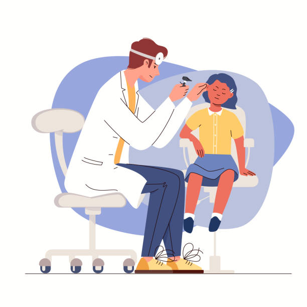 лор-врач осматривает ухо ребенка инструментом, удаляет серную пробку. n - ear exam stock illustrations