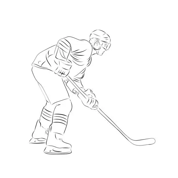 Vector illustration of Ice hockey player, line art, isolated vector outline. Hockey drawing