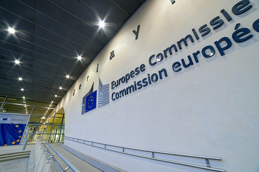 Brussels, Belgium, 4 April 2019 - Logo of European Commission on the facade of the Berlaymont building, headquarters of the EC.