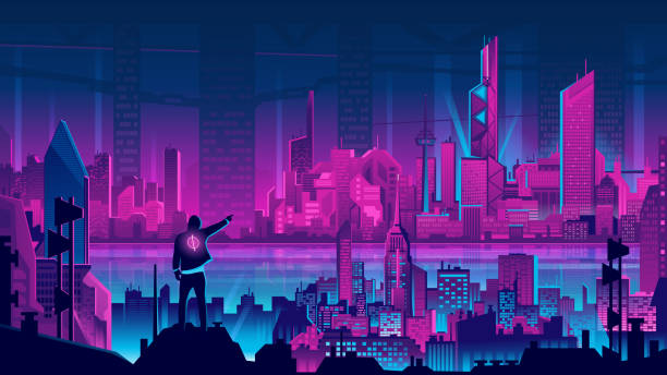 Future digital technology metaverse, colorful background. Futuristic night cityscape on neon skyline with glowing pink light. Cyberpunk and retro wave style, vector illustration of highway Future digital technology metaverse, colorful background. Futuristic night cityscape on neon skyline with glowing pink light. Cyberpunk and retro wave style, vector illustration of highway meta description stock illustrations