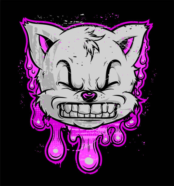 Cartoon cat head with abstract liquid and grunge elements Cartoon cat head on the bright pink liquid elements. Vector illustration, can be used as T-shirt print. Black, pink and grey series. emo stock illustrations
