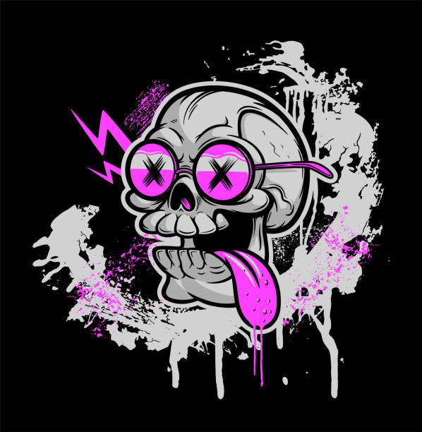 Skull with pink glasses abstract Cartoon skull with pink glasses on the grunge background. Vector illustration, can be used as T-shirt print. Black, pink and grey series. emo stock illustrations