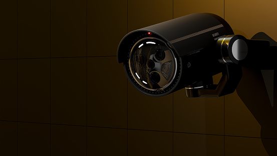 Security CCTV camera In the dark and yellow light shines on the camera. Scan the area for surveillance purpose. technology and innovation concept. 3D Render