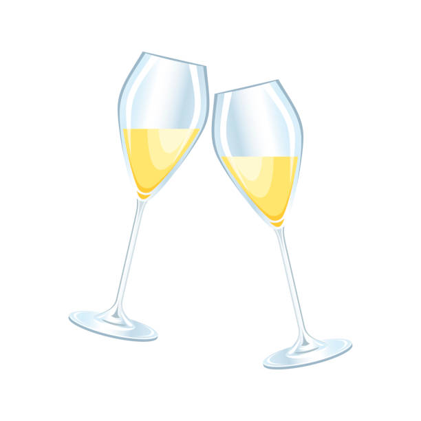 ilustraciones, imágenes clip art, dibujos animados e iconos de stock de dos copas de champán en un brindis de celebración icono vector - white wine white background isolated on white champagne flute