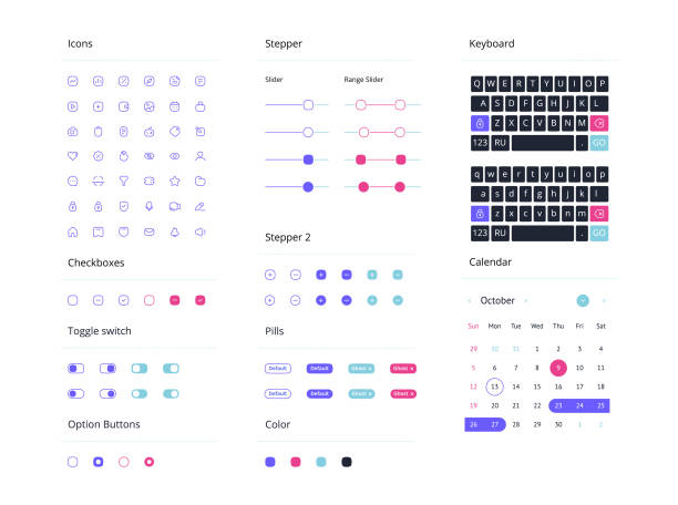 ilustraciones, imágenes clip art, dibujos animados e iconos de stock de conjunto minimalista vectorial de iconos y elementos de interfaz. plantilla gui. - modular