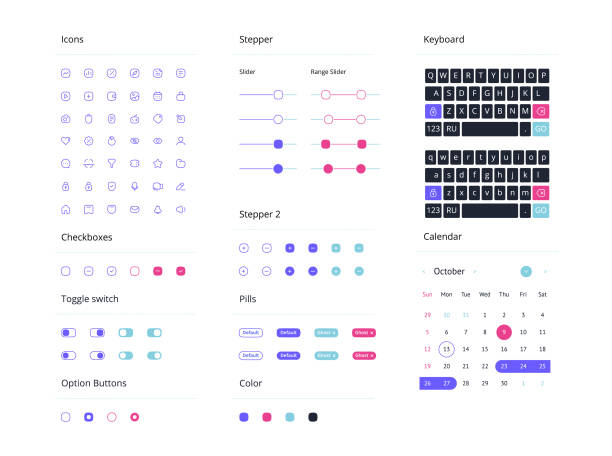ilustrações de stock, clip art, desenhos animados e ícones de vector minimalistic set of icons and interface elements. gui template. - kits de interface de utilizador