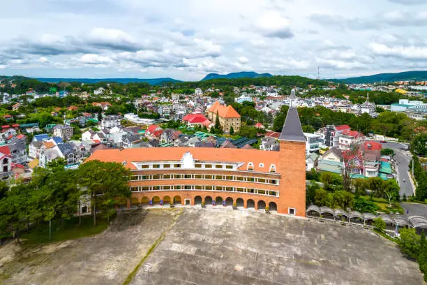 Aerial view Da Lat Pedagogical College, Vietnam in morning, with its unique arc-shaped French architecture, this place trains teachers to teach students