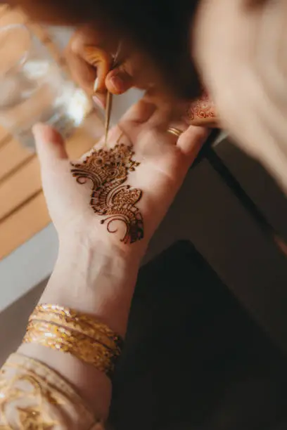 Photo of Mehendi artist painting henna art on woman hand.