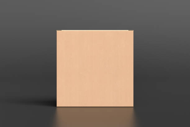 istock Cardboard box mock up. Square gift box on black background. Front view. 1410785950