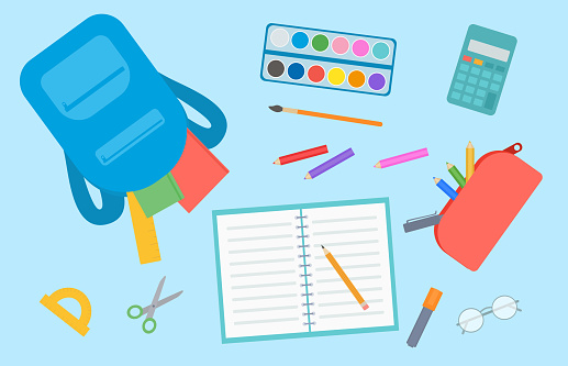 Back To School Concept. Top View Of Student Table With Backpack, Books And School Stationery.