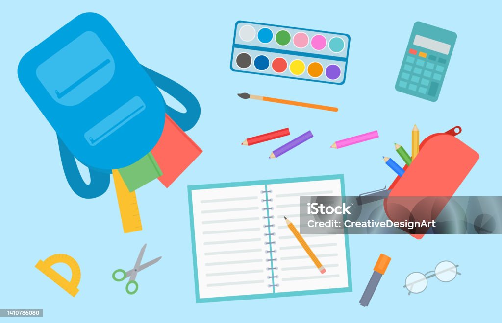 Back To School Concept. Top View Of Student Table With Backpack, Books And School Stationery. School Supplies stock vector