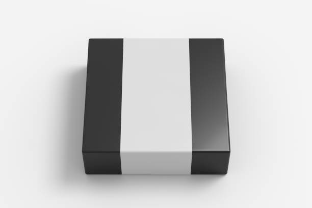 istock Square box mock up with blank paper cover label: Black gift box on white background. Front view. 1410786098