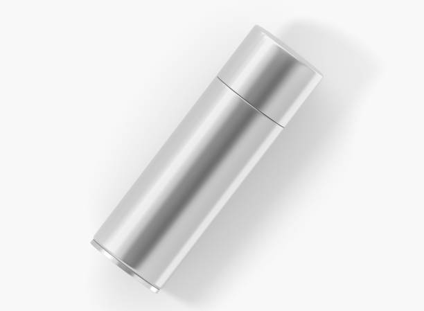 Spray can, blank aluminum aerosol bottle with closed lid, silver container for paint, deodorant, hairspray or insecticide isolated on white background, top view. Realistic 3d render, packaging mockup