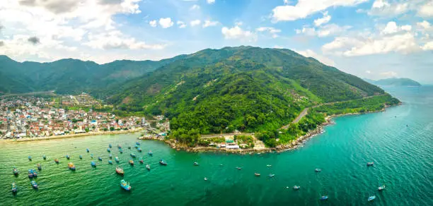 Dai Lanh fishing village in Nha Trang, Vietnam seen from above with hundreds of boats anchored to avoid storms, this is a beautiful bay