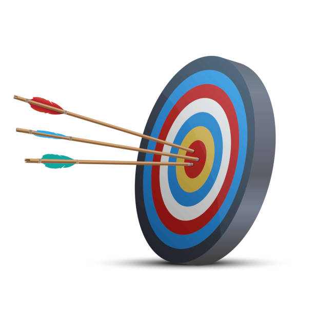 Target with three arrows in bullseye realistic vector business ambition efficiency management Target with three arrows in bullseye realistic vector illustration. Business ambition efficiency management aim achievement success strategy aspirations. Darts game playing win hit archery destination Dartboard stock illustrations