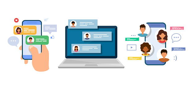 Chatting and messaging. Remote communication. Internet forum. Chat messages on laptop and smartphone. Set of vector illustrations.