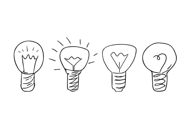 illustrazioni stock, clip art, cartoni animati e icone di tendenza di lampadine doodle, set di dispositivi elettrici disegnati a mano, concetto di idea. segno di scoperta scientifica, intuizione. schizzo, design minimalista a mano libera. - light bulb inspiration ideas inks on paper