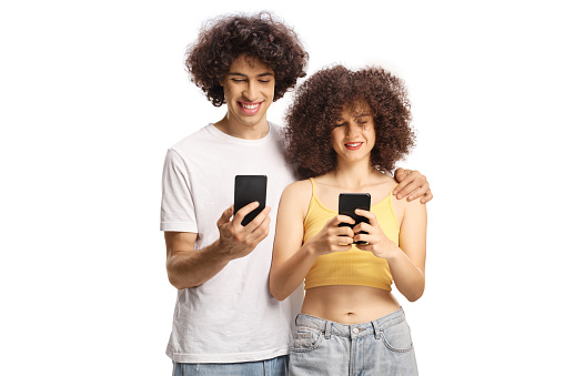 Guy and girl with curly hair using smartphones isolated on white background