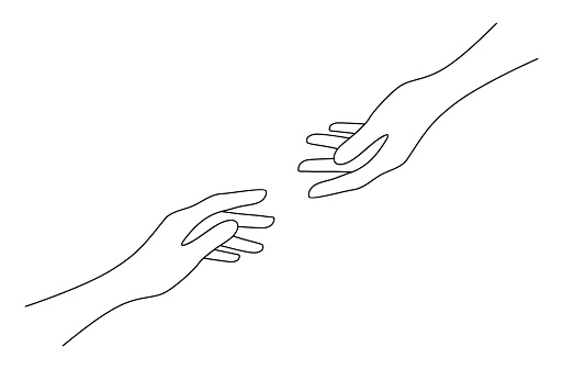 Two hands reaching out to each other. Help and support concept. Minimalistic vector illustration in line art style