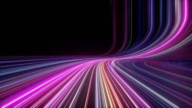 Photo of 3d render, abstract background with curvy neon lines. Trendy wallpaper with colorful spectrum