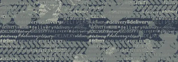 Vector illustration of The concept of fast worldwide delivery and e-commerce. Traces from the tire of a car or truck on the background of text with hashtags in a flat style. Abstract creative delivery background for online order, web page, app design.