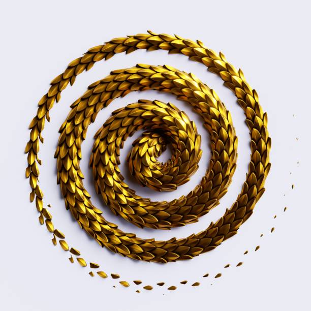 istock 3d render, abstract spiral design with shiny golden snake skin texture, isolated on white background 1410795583