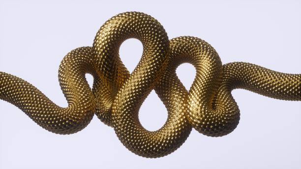 3d render, abstract golden wavy snake isolated on white background, shiny metallic dragon scales, unique wallpaper