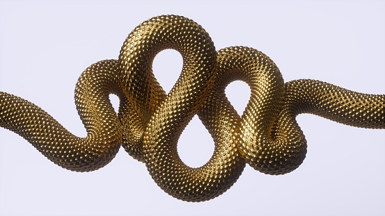 3d render, abstract golden wavy snake isolated on white background, shiny metallic dragon scales, unique wallpaper