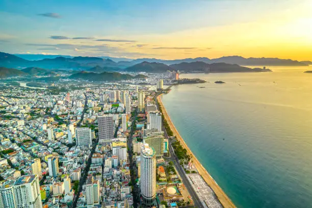 The coastal city of Nha Trang seen from above on at dawn. This is a famous city for cultural tourism in central Vietnam