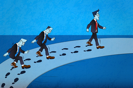 An illustration featuring businessman leaving his footprints on the way and the others behind him following his footsteps. (Used clipping mask)