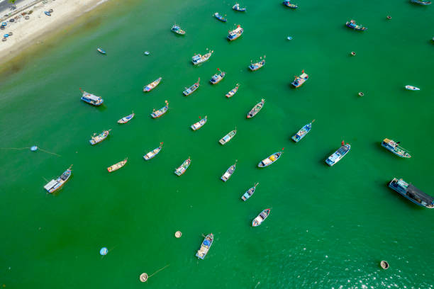 istock Fishing wharf moored to avoid storms at noon in summer 1410796923