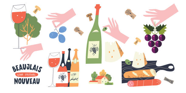 ilustrações de stock, clip art, desenhos animados e ícones de beaujolais nouveau wine festival. vector illustration, a set of design elements for a wine festival. - french culture illustrations