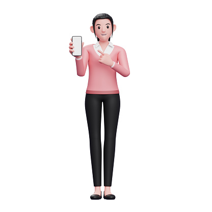 girl in sweater pointing to phone screen, 3D render cute female character illustration