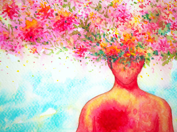 마음 영적 인체 머리 꽃 꽃 사랑 행복한 긍정적 인 정신 건강 영감을주는 에너지 감정 전체 론적 연결 우주 추상 예술 수채화 그림 일러스트 디자인 드로잉을 상상해보십시오. - 색칠한 이미지 stock illustrations