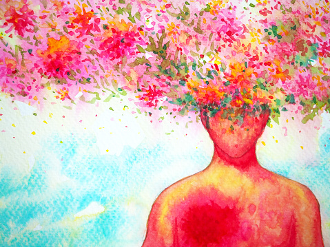 mind spiritual human body head flower bloom love happy positive mental health imagine inspiring energy emotion holistic connect universe abstract art watercolor painting illustration design drawing