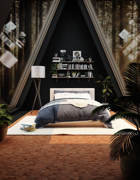 istock Modern bedroom interior with ceramic tiled wall and floor. 3d render 1410800674