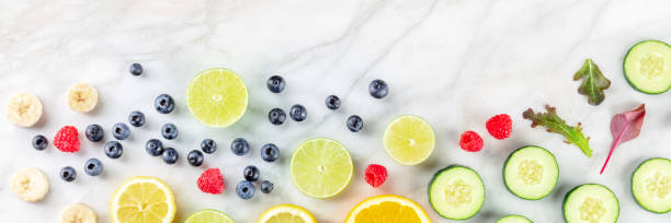 istock Fresh summer food menu banner with copy space. Fruit and vegetables 1410802139