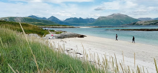 White sand beach in Sommaroy island, Northern Norway. Arctic stunning and idyllic Sommaroya beach in summer time. sommaroy stock pictures, royalty-free photos & images