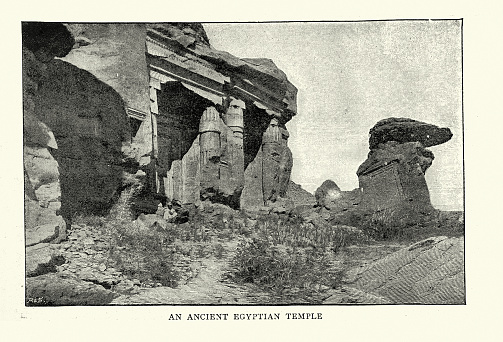 Vintage illustration of  Ancient Egyptian rock-cut temples along the west bank of the upper Nile at Gebel el-Silsila or Gebel Silsileh. It was used as a major quarry site on both sides of the Nile from at least the 18th Dynasty to Greco-Roman times. Silsila is famous for its New Kingdom stelai and cenotaphs.