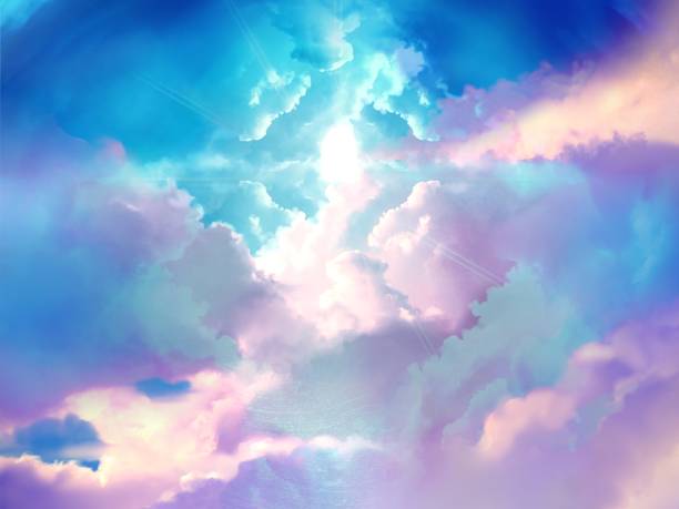 istock Illustration of divine light shining from the sky beyond the mysterious gate leading to heaven, shining through a gap in the sea of clouds. 1410804888