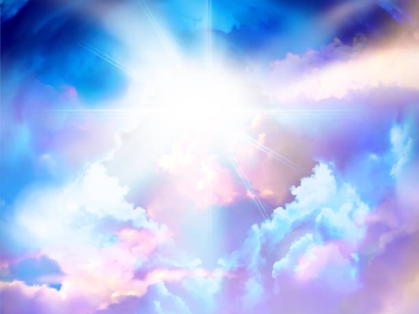 istock Illustration of divine light shining from the sky beyond the mysterious gate leading to heaven, shining through a gap in the sea of clouds. 1410804923