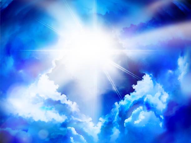 istock Illustration of divine light shining from the sky beyond the mysterious gate leading to heaven, shining through a gap in the sea of clouds. 1410804976