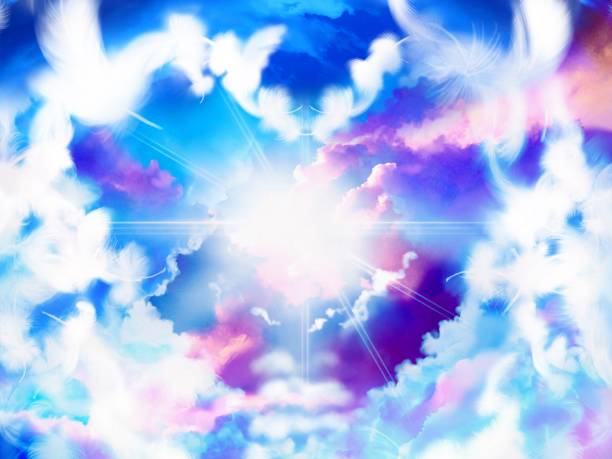 istock Clip art of scenery: white clouds drifting in a beautiful blue sky and white angel wings falling from the sky to form a heart shape. 1410804990