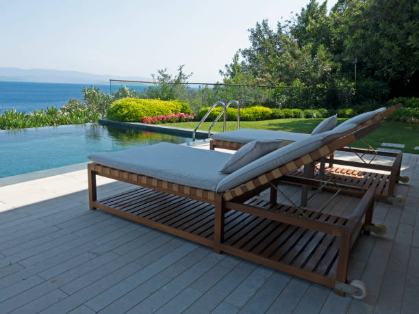 istock Deckchairs at Garden with swimming pool 1410806484